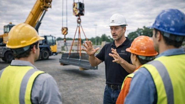 Dozent des Deutschen Weiterbildungszentrums erklärt Teilnehmern eine Aufgabe auf einer Baustelle