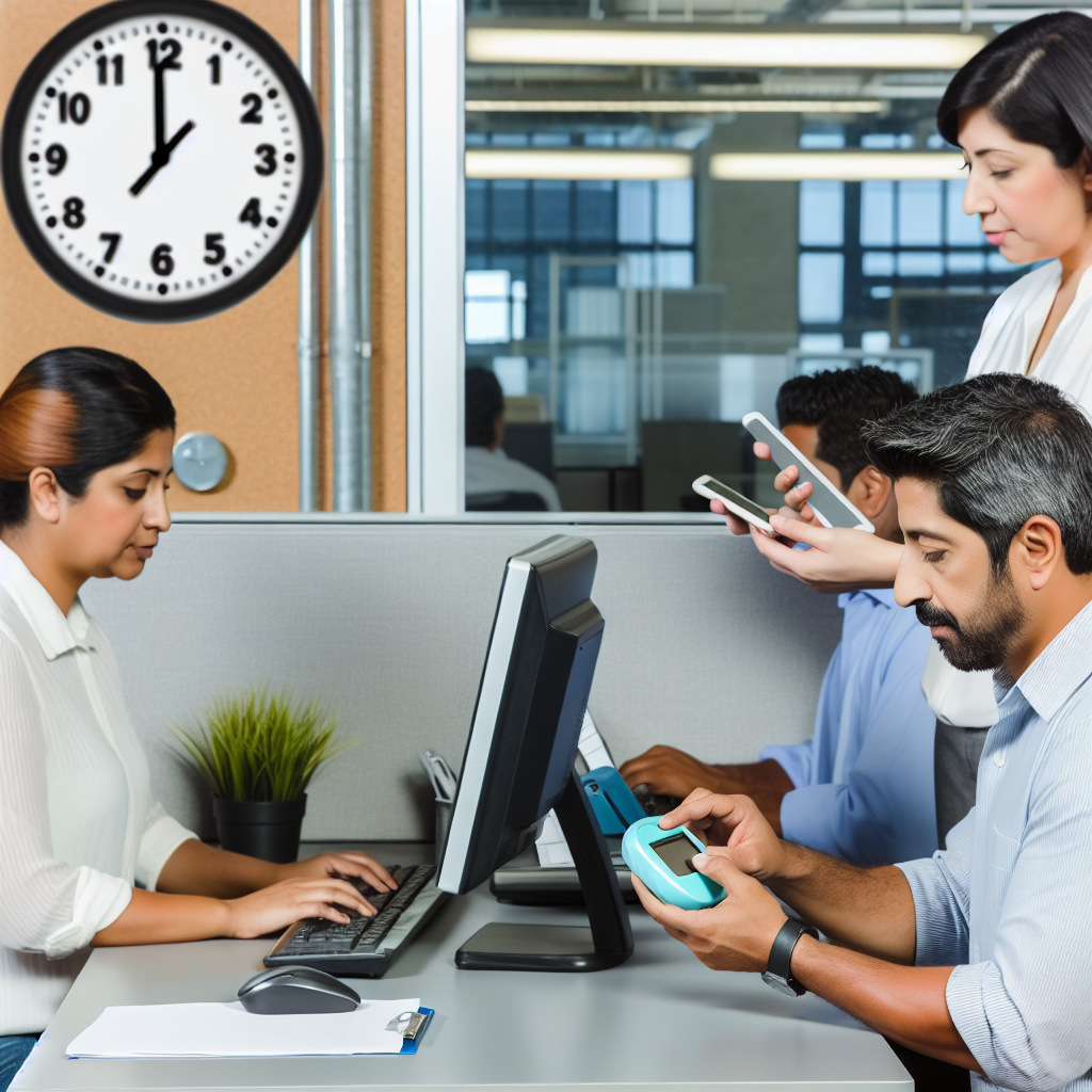 Arbeitsrecht: Büroangestellte nutzen moderne Zeiterfassungstechnologien.