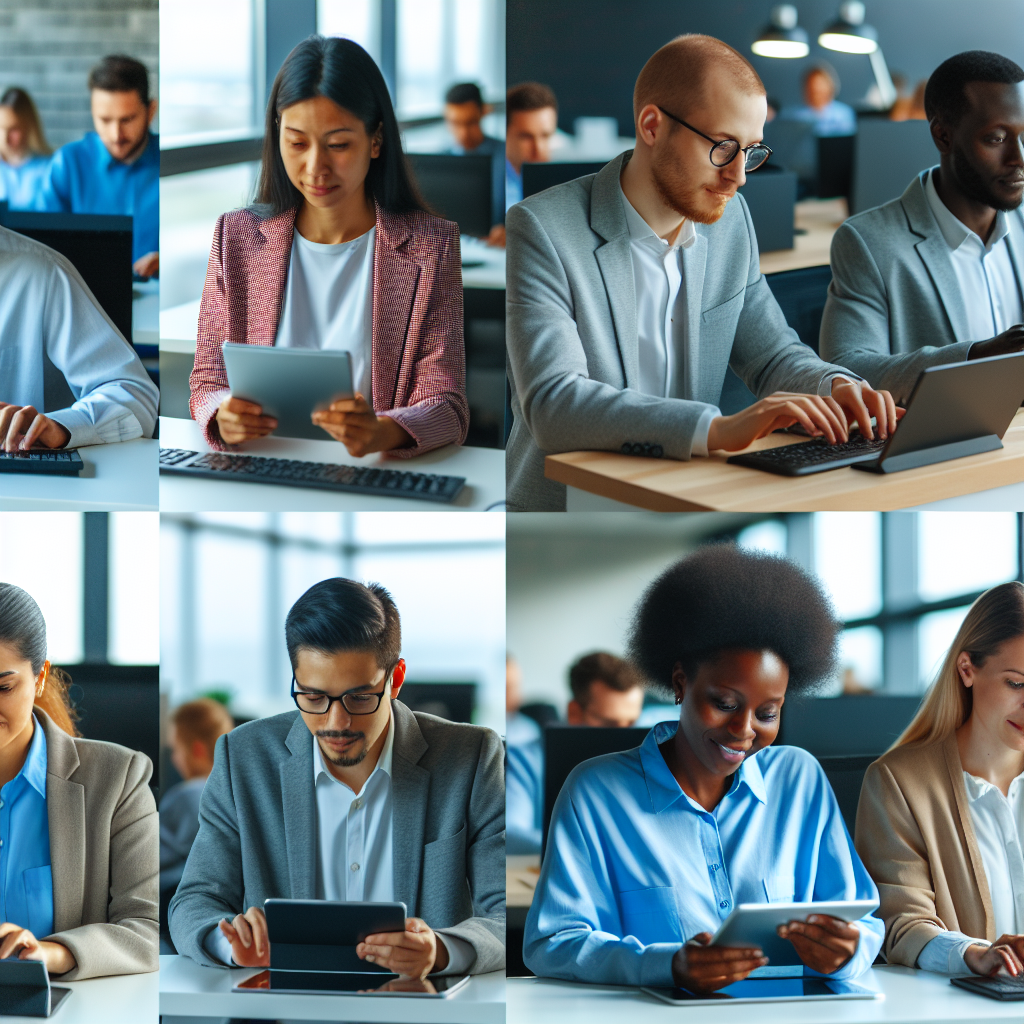 Bürokräfte arbeiten mit digitalen Technologien zusammen.