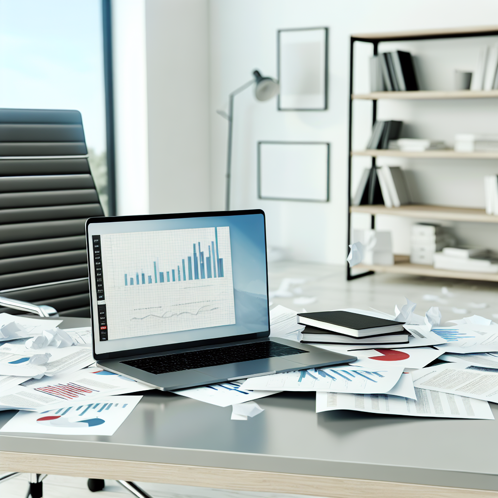 Digitales Büro mit Laptop und Dokumenten.