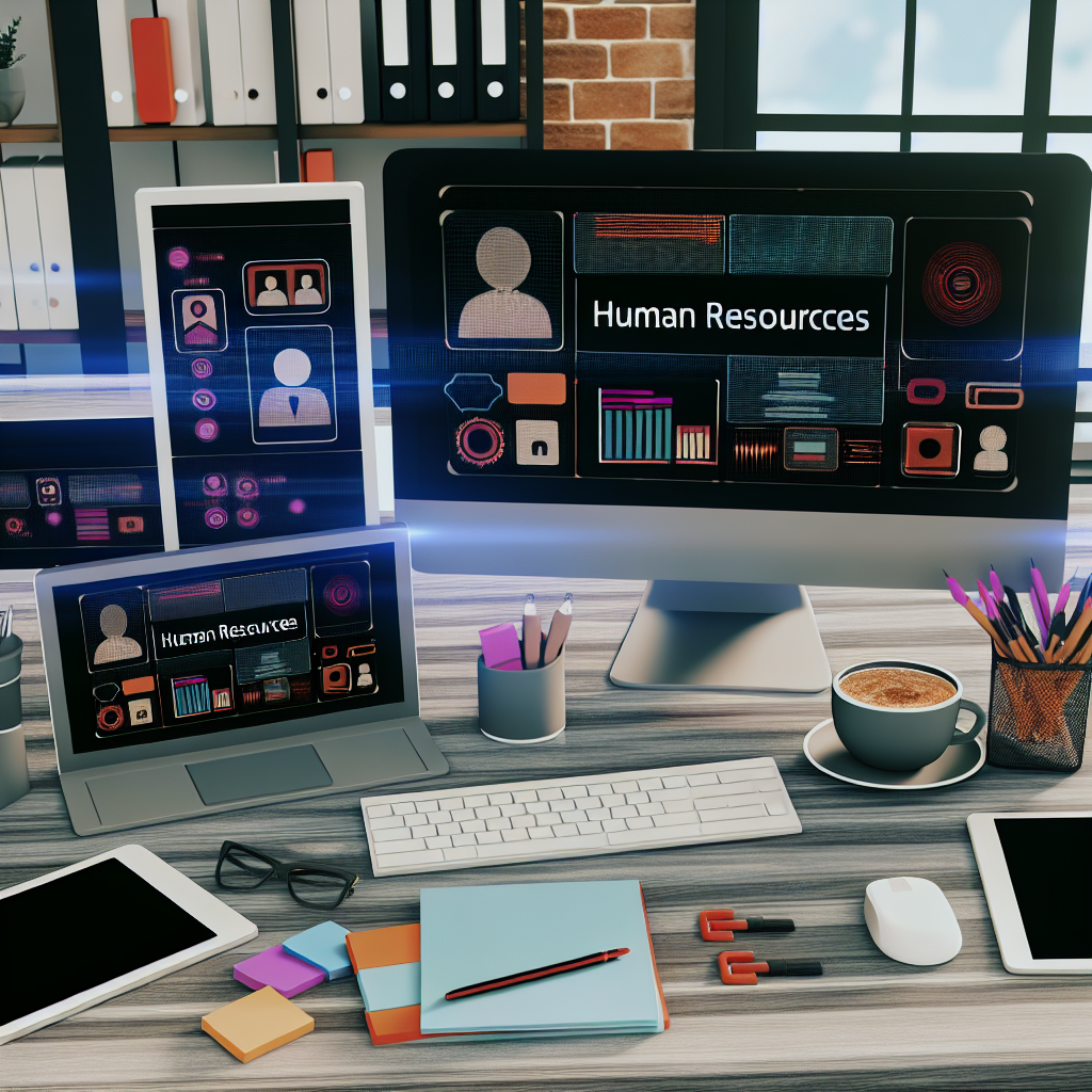 Digitalisierter Arbeitsbereich mit HR-Software-Bildschirmen.