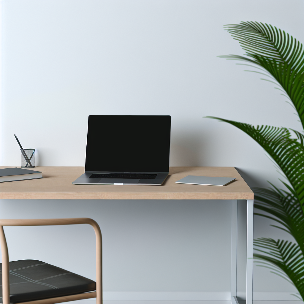 Ein Laptop auf einem minimalistischen Schreibtisch.