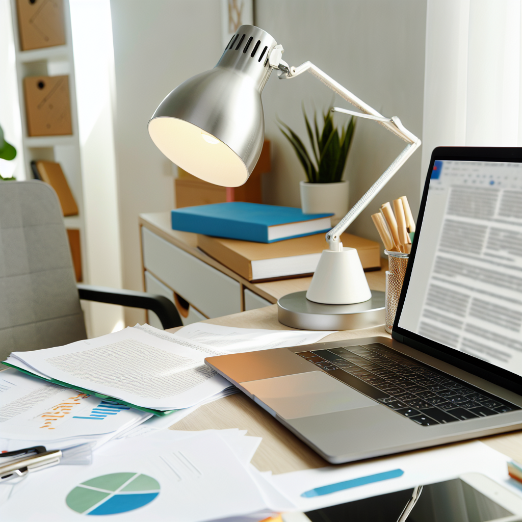 Ein modernes Heimbüro mit Laptop und Dokumenten.