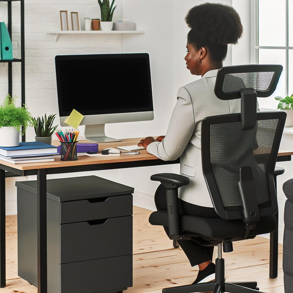 Frau im Homeoffice mit ergonomischem Arbeitsplatz.