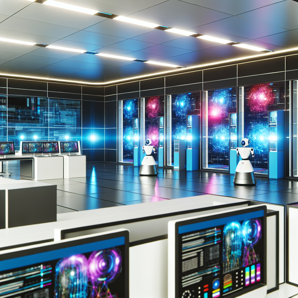 Futuristisches Büro mit datenanalysierenden KI-Systemen.