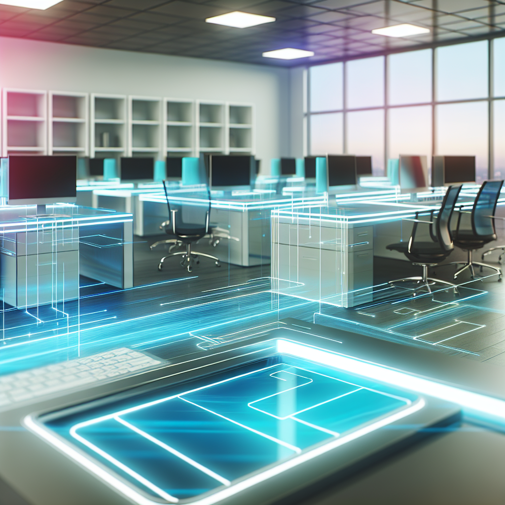 Futuristisches Büro mit digital vernetzten Arbeitsplätzen.