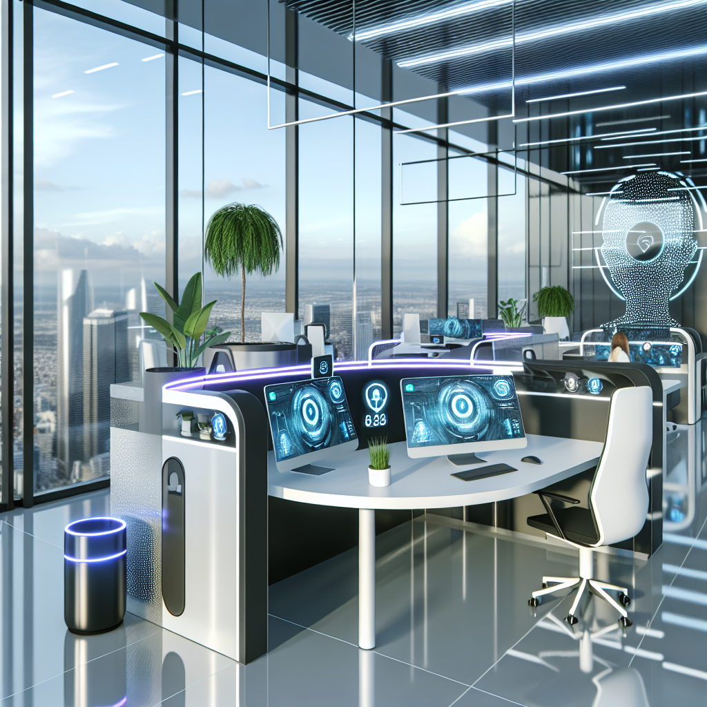 Futuristisches Büro mit KI-gesteuerten Arbeitsplätzen.