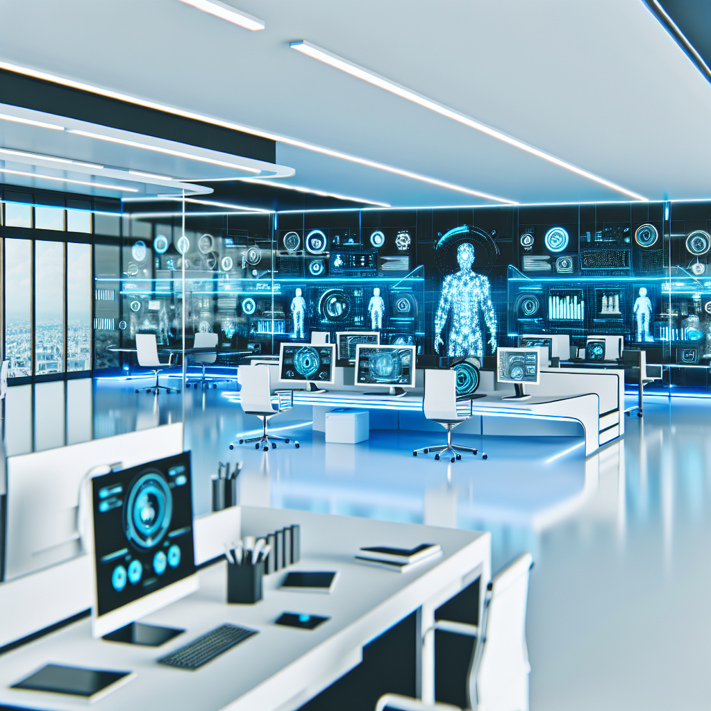 „Futuristisches Büro mit KI und HR-Technologien.“