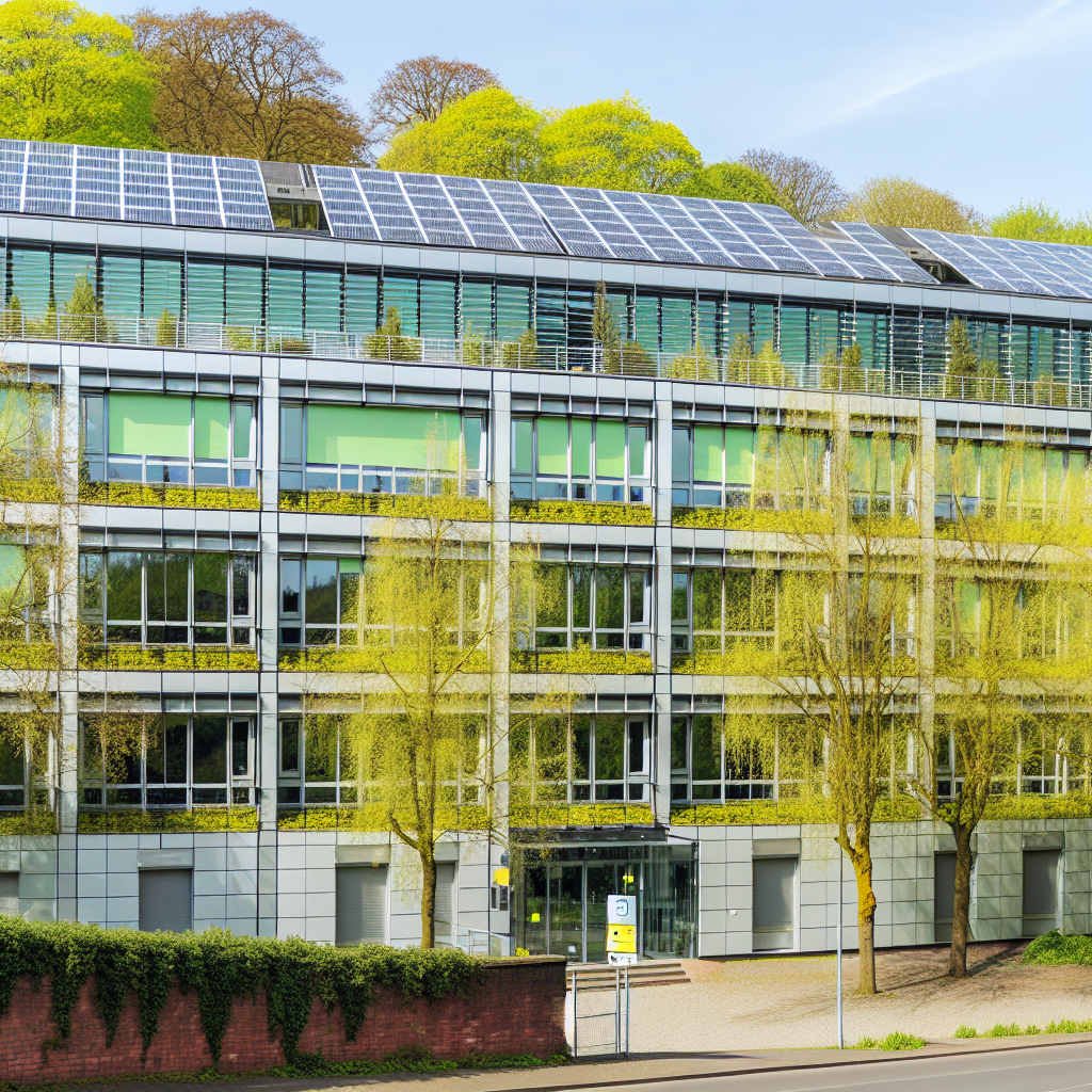 Grünes Bürogebäude mit Solarmodulen und Bäumen.