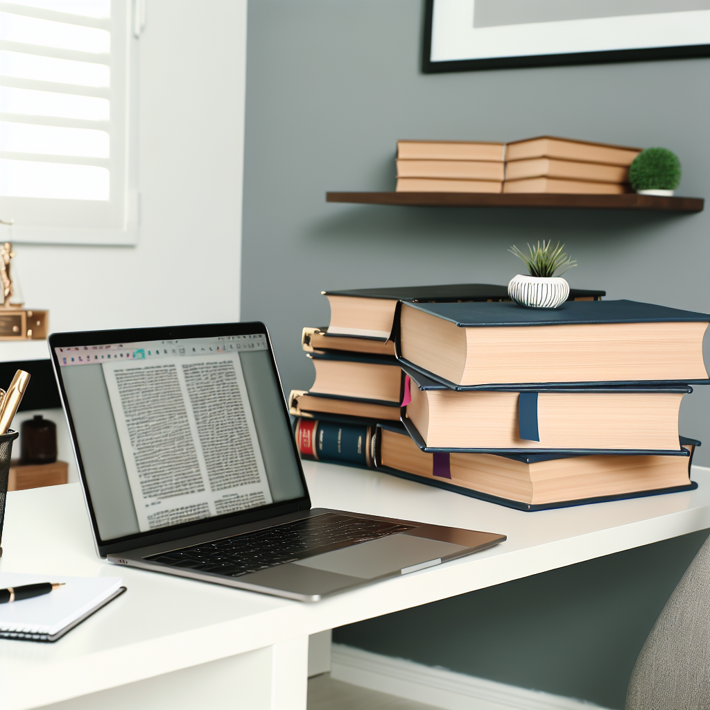 „Homeoffice-Arbeitsplatz mit Laptop und Gesetzesbüchern.“