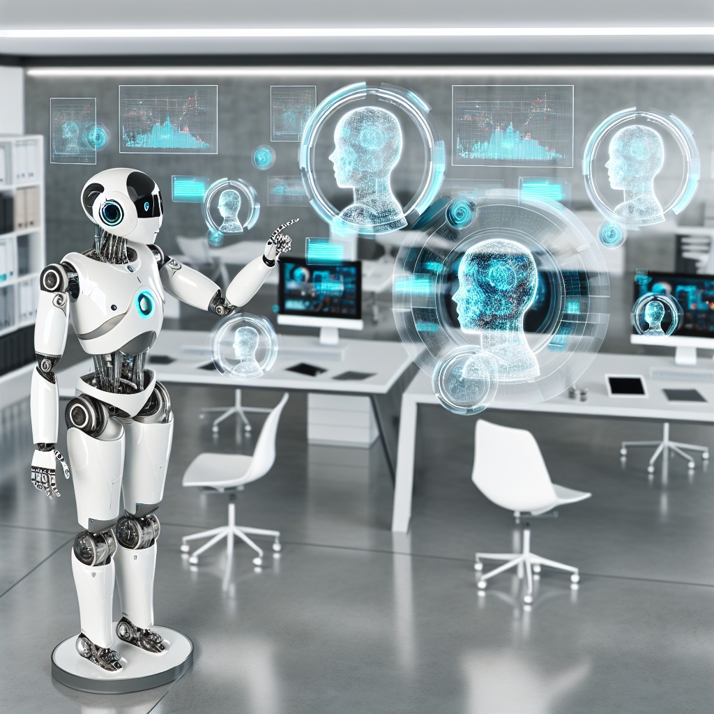 KI-Roboter analysiert Daten in modernem Büro.
