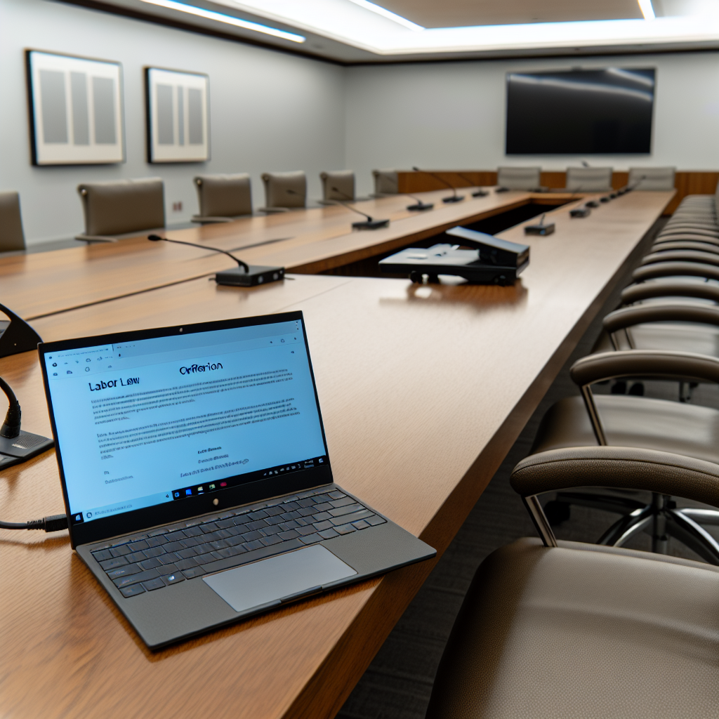 Konferenzraum mit digitalen Arbeitsrechtsdokumenten auf Laptop.