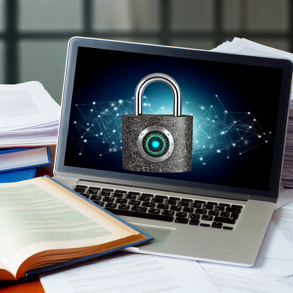Laptop mit Datenschutz-Schloss, Dokumente und Gesetzesbuch.