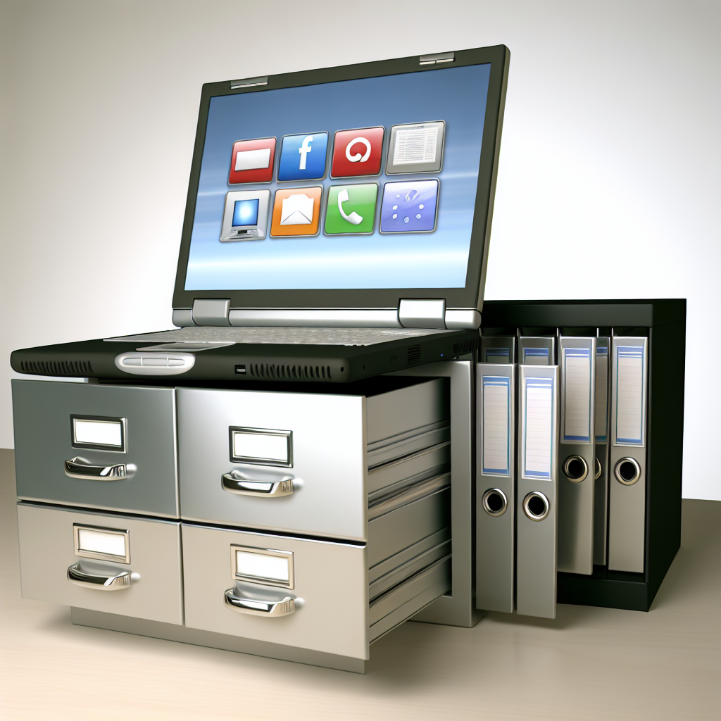 Laptop und Aktenschrank symbolisieren hybrides Arbeiten.