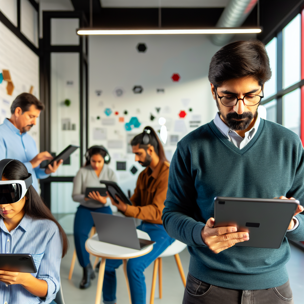 Mitarbeiter nutzen digitale Geräte für flexibles Lernen.