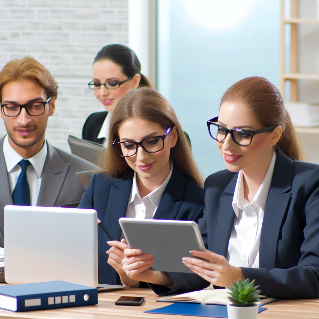 Mitarbeiter nutzen digitale Tools für Weiterbildung.