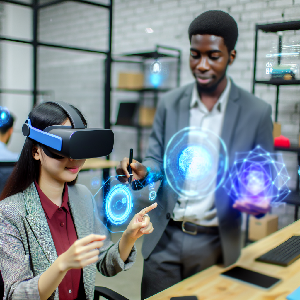 Mitarbeiter nutzen VR-Headset beim KI-gestützten Lernen.