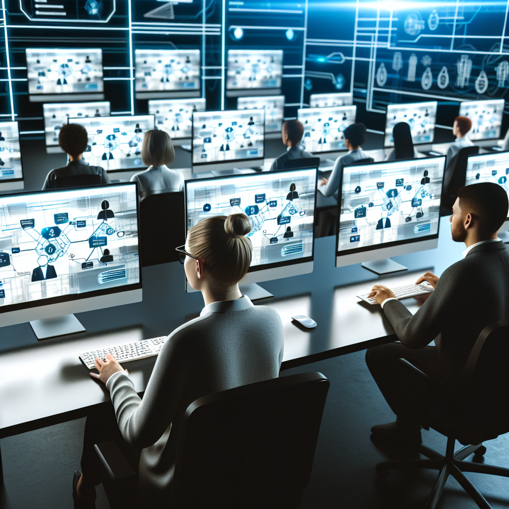 Mitarbeiter vor Computern in virtuellem Lernraum.