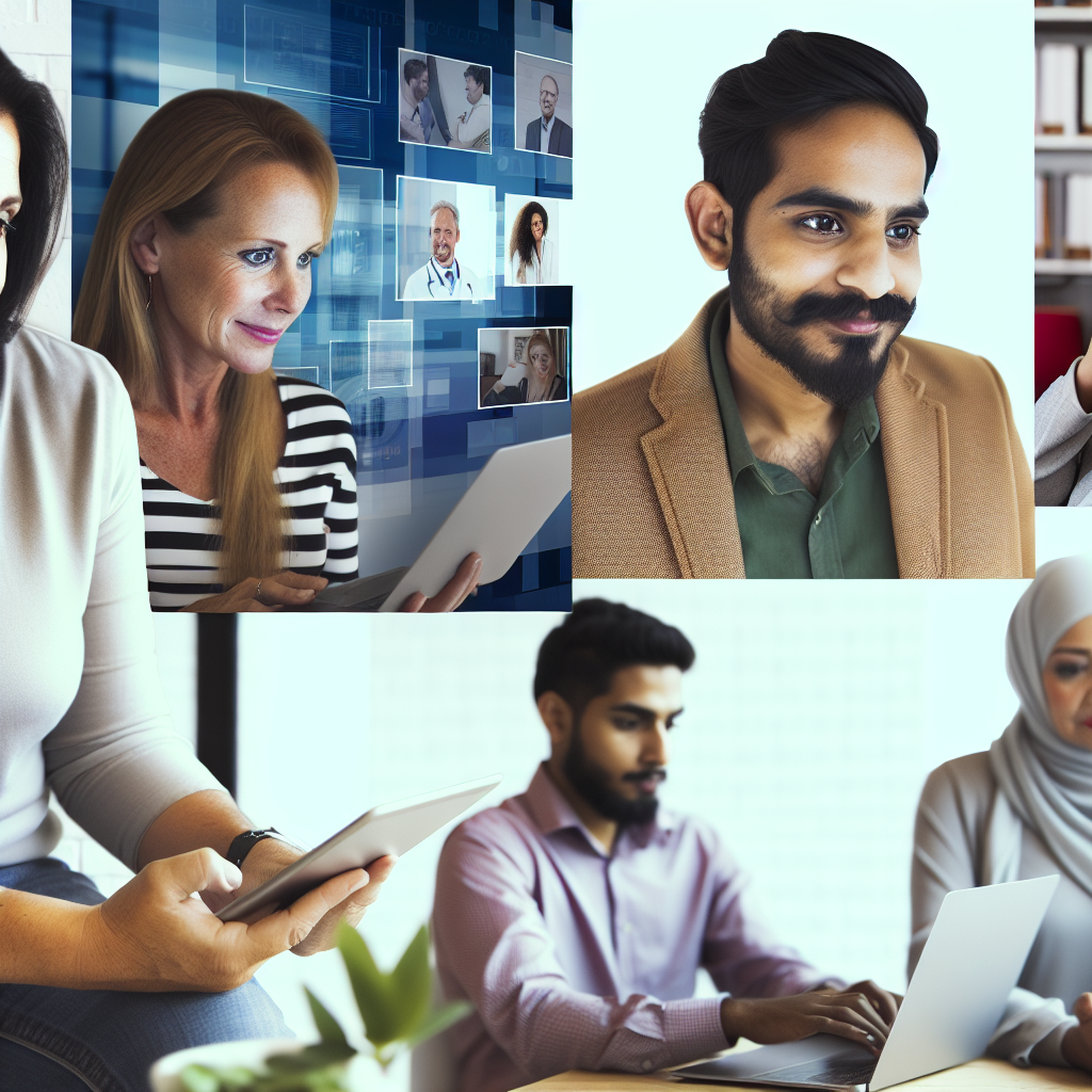 Mitarbeitergruppe, digital vernetzt, arbeitet flexibel zusammen.