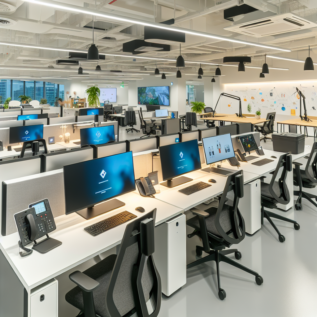 Moderner Arbeitsplatz mit hybriden Arbeitsstationen und Technologien.