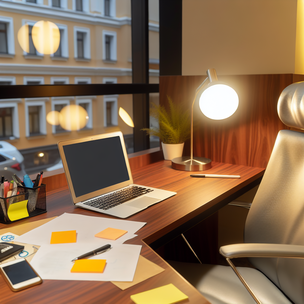Moderner Arbeitsplatz mit Laptop und Papierkram.