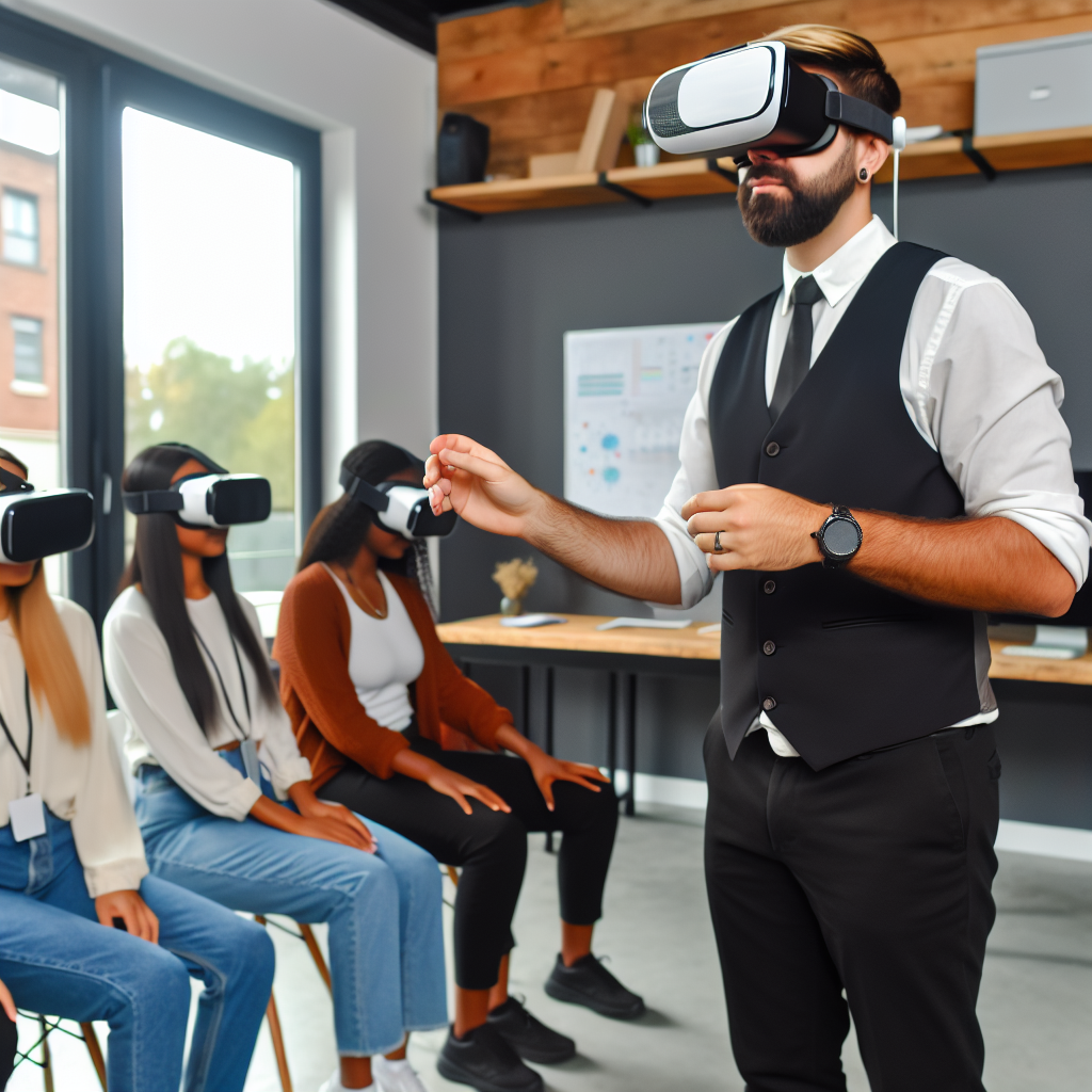 Personalentwickler mit VR-Brille in Schulungsszenario.