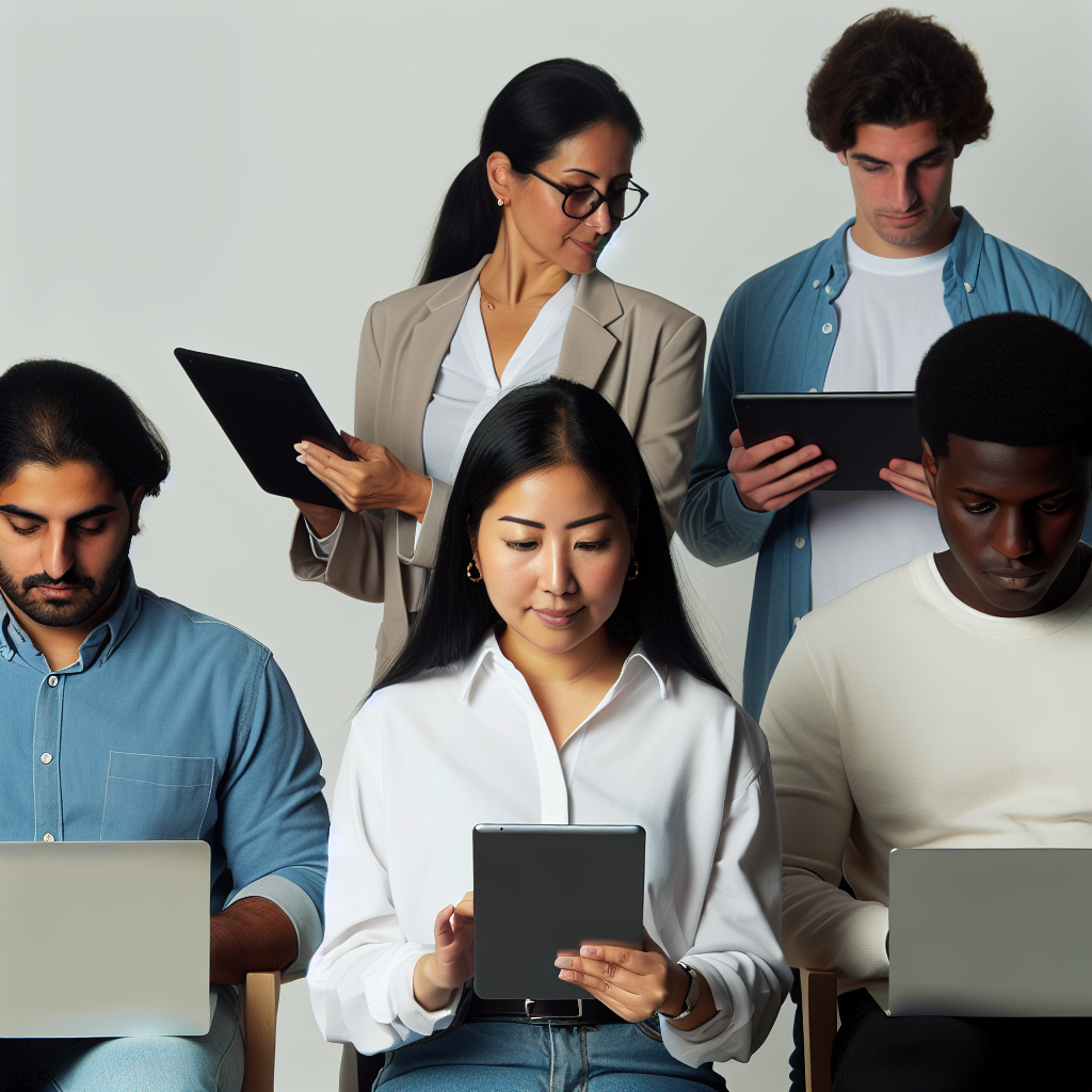 Team arbeitet hybrid mit Laptops und Tablets.