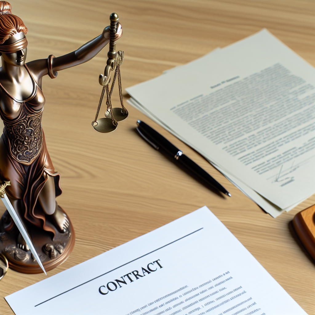 Vertragspapier und Justitia-Skulptur auf Schreibtisch.