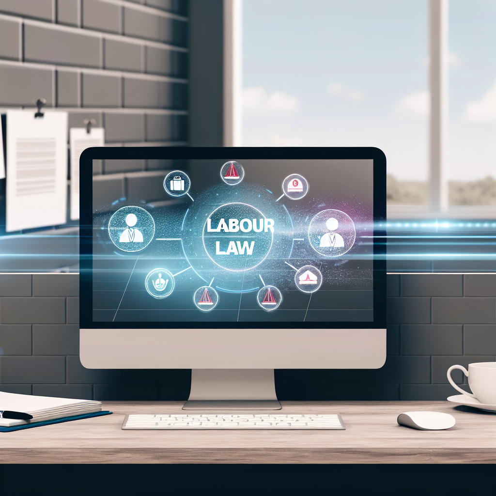 Virtuelles Büro mit digitalen Arbeitsrecht-Icons.