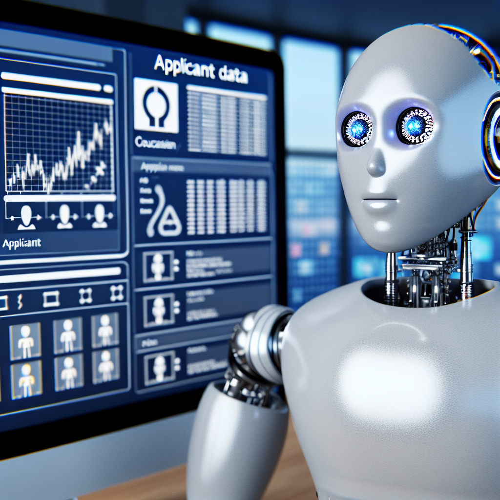 KI-Roboter analysiert Bewerberdaten auf Computerbildschirm.