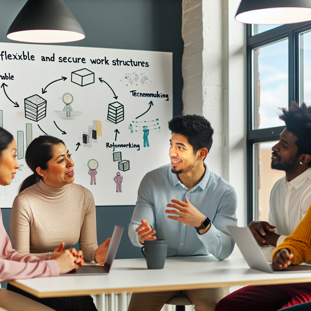 Kollegen diskutieren flexible, sichere Arbeitsstrukturen interaktiv.