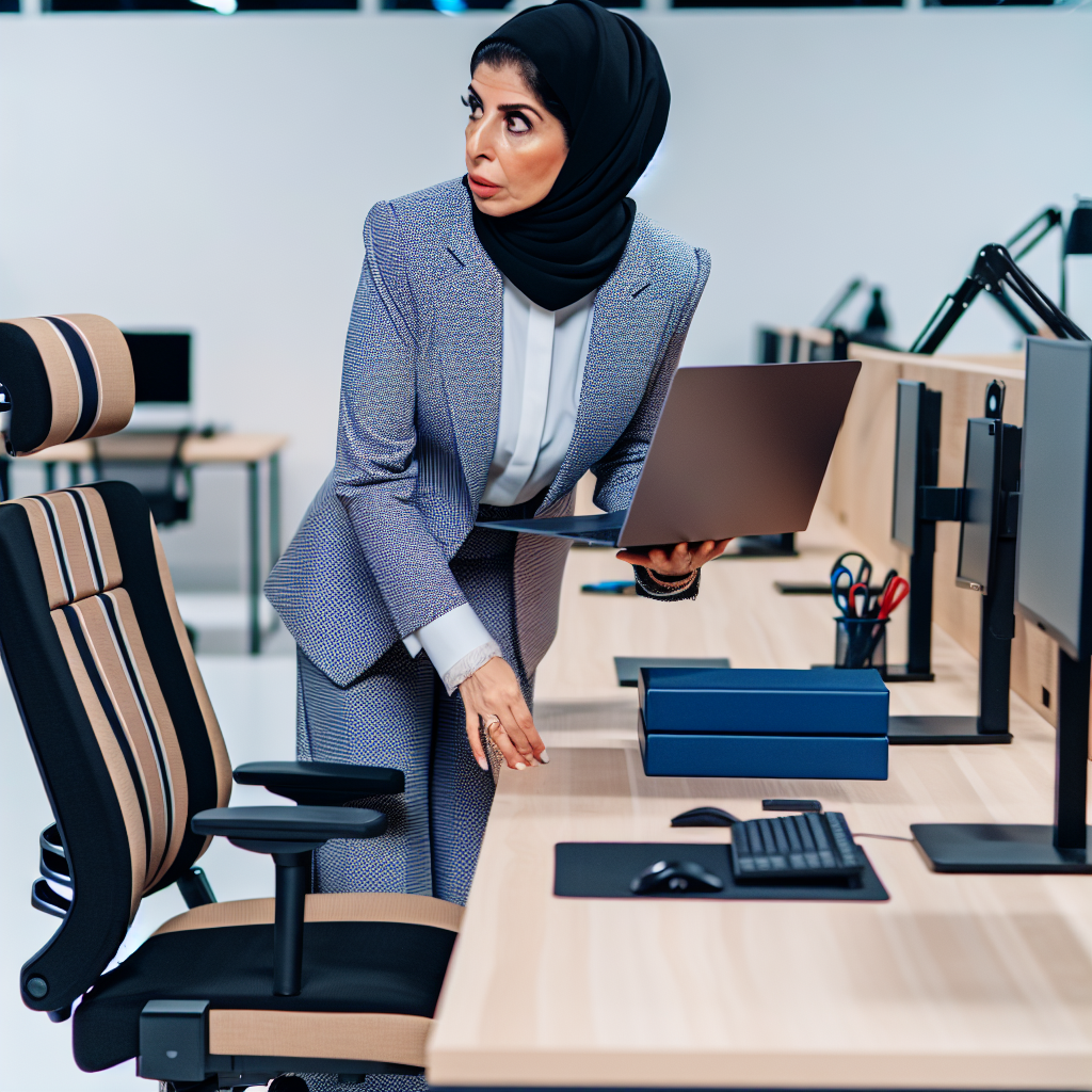 Manager überprüft ergonomische Arbeitsplätze mit Laptop.