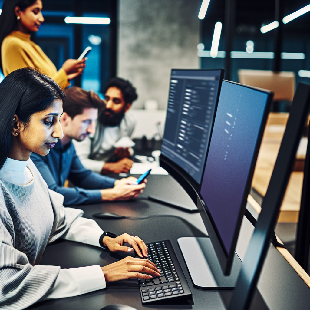 Moderne Büroarbeiter mit digitaler Technologie interagierend.