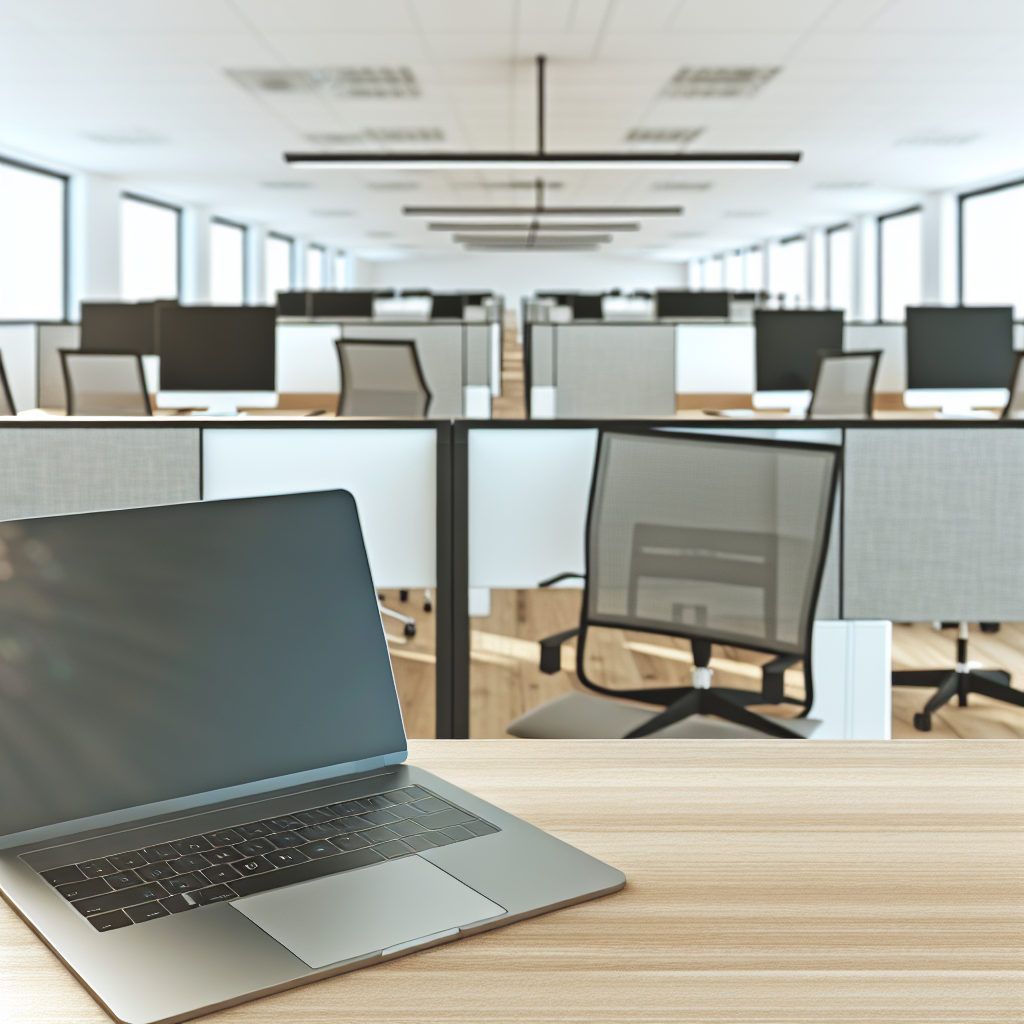 Modernes Büro mit flexiblen Arbeitsbereichen, Laptop.