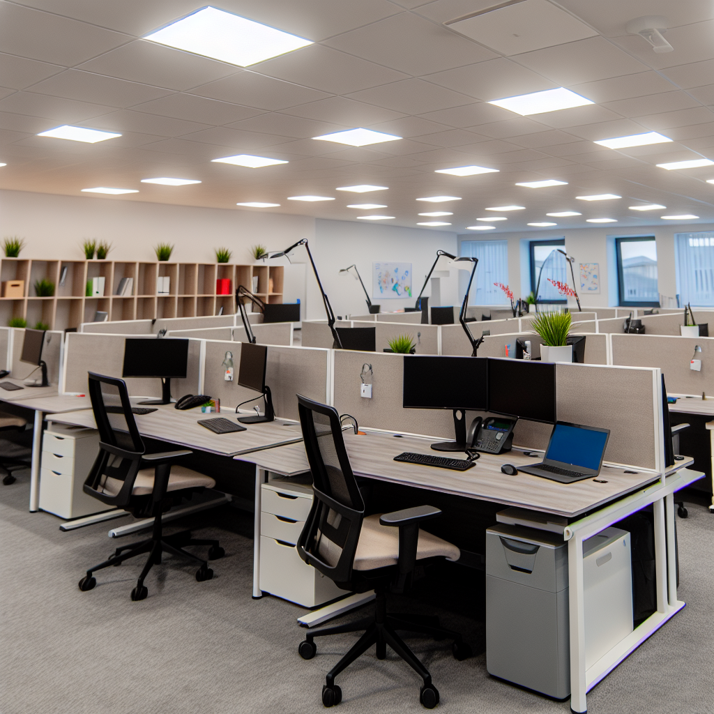 „Modernes Büro mit flexiblen Arbeitsplätzen, Technologie.“