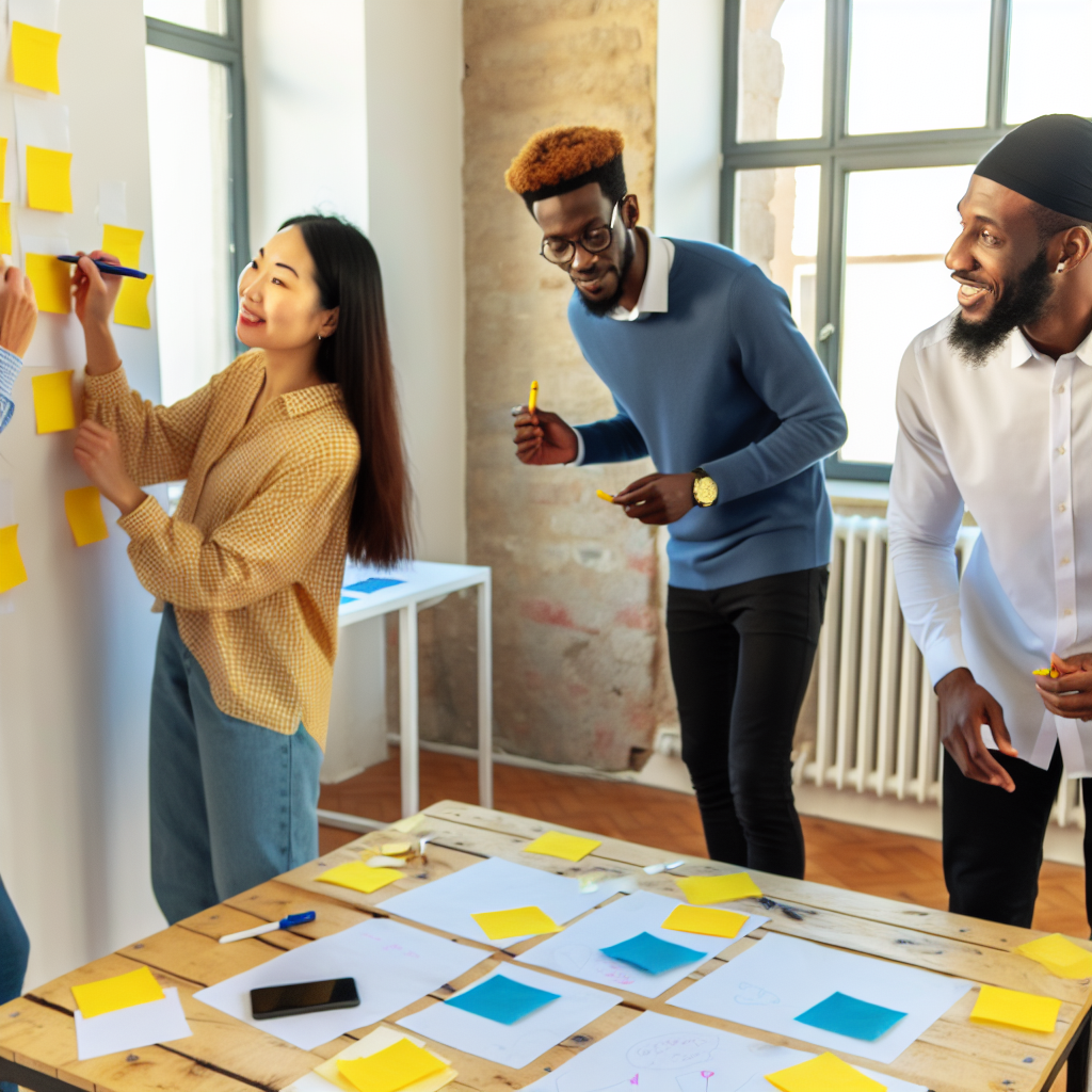 Team bei agilem Workshop mit Post-it-Notizen.