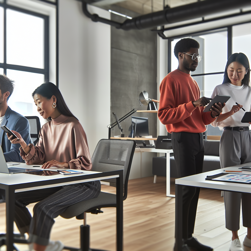 Team im modernen Büro mit Technologieeinsatz.
