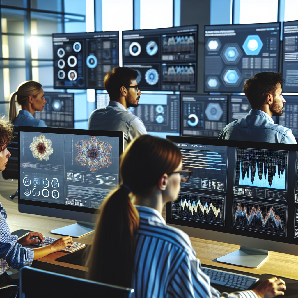 Datenanalytiker visualisieren Unternehmensentwicklungen auf digitalen Dashboards.
