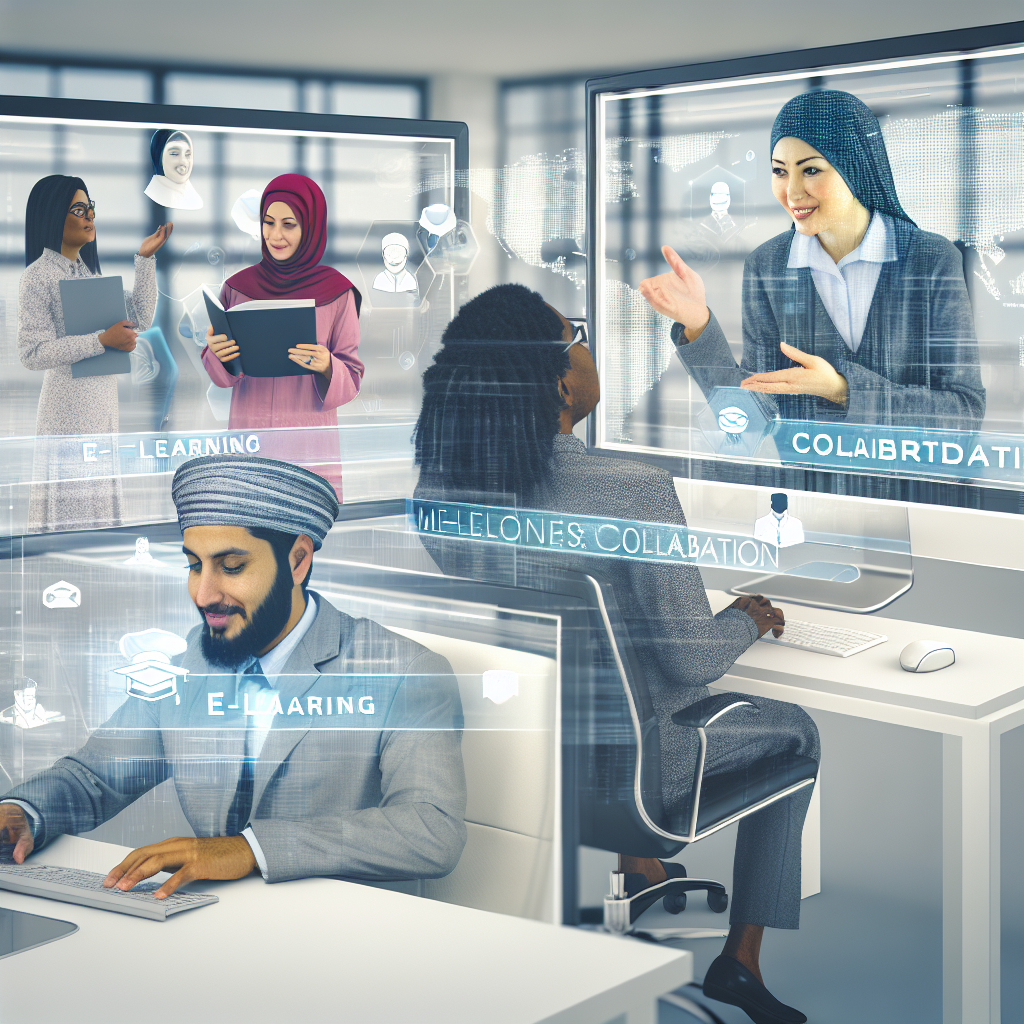 Digitalisierte Büro-Szene mit E-Learning und Zusammenarbeit.