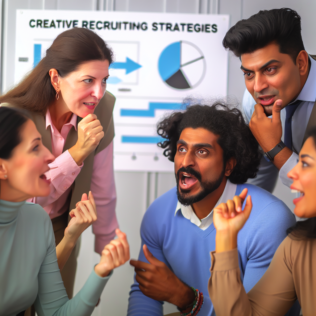 Diverse Teammitglieder diskutieren kreative Recruiting-Strategien gemeinsam.