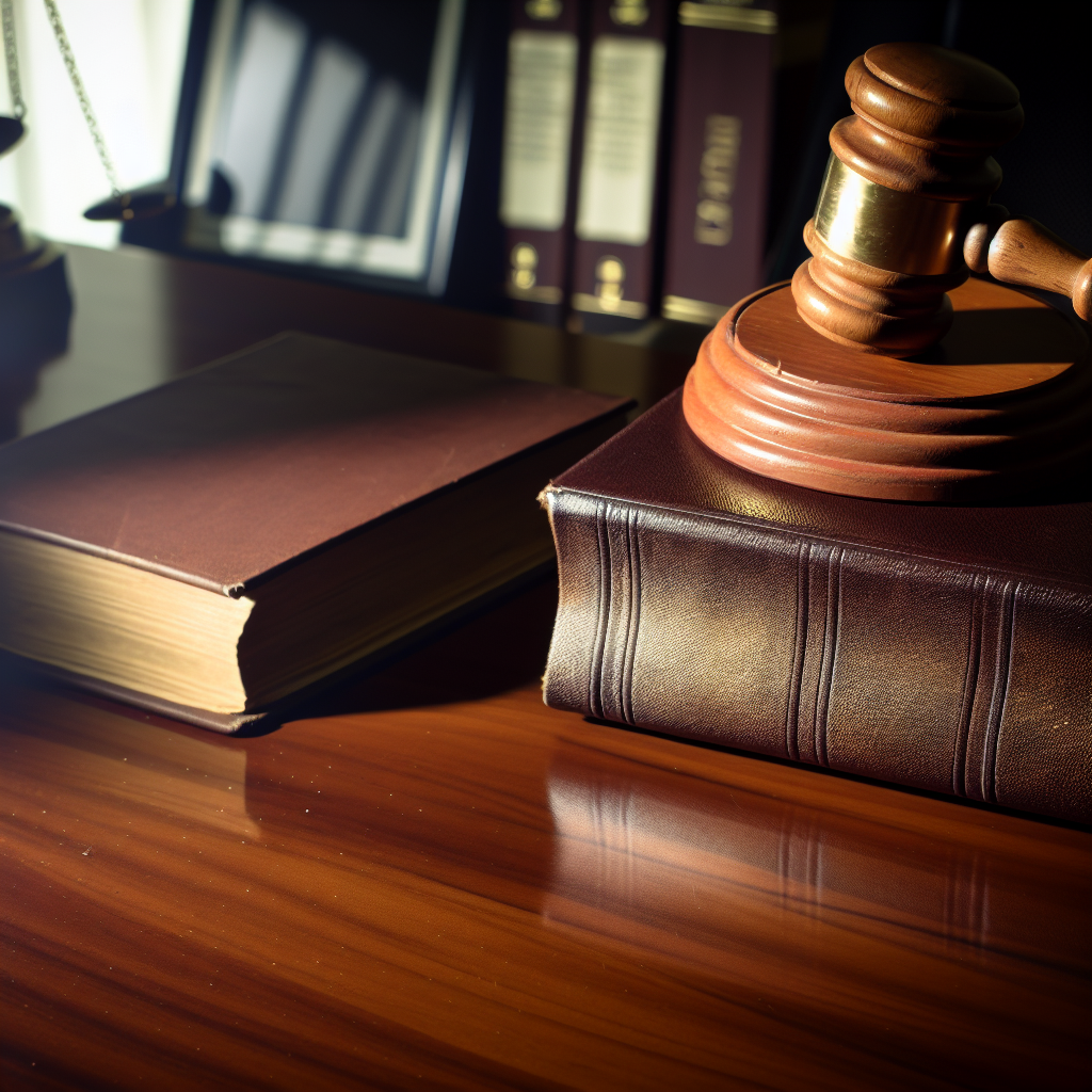 „Gavel und Gesetzbuch auf Büro-Schreibtisch.“