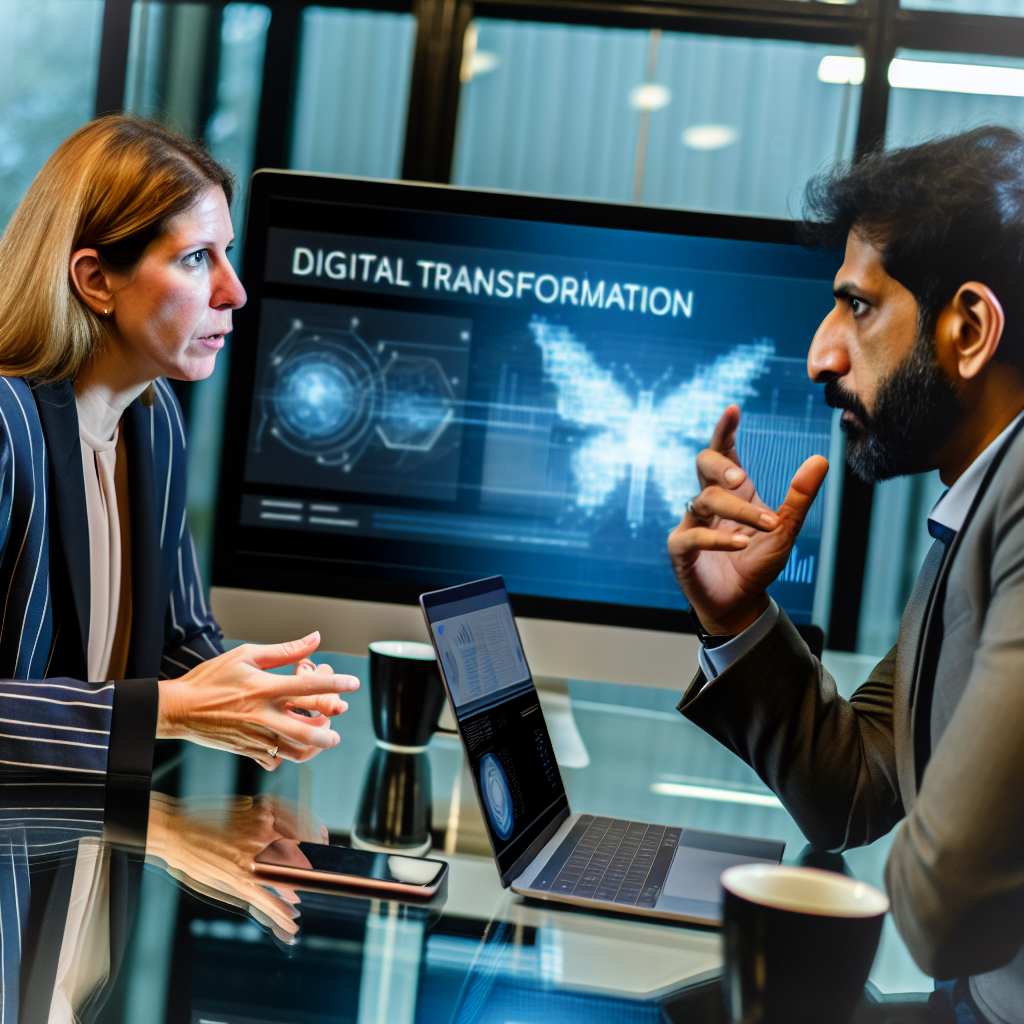 Geschäftsleute diskutieren digitale Transformationsstrategien am Bildschirm.