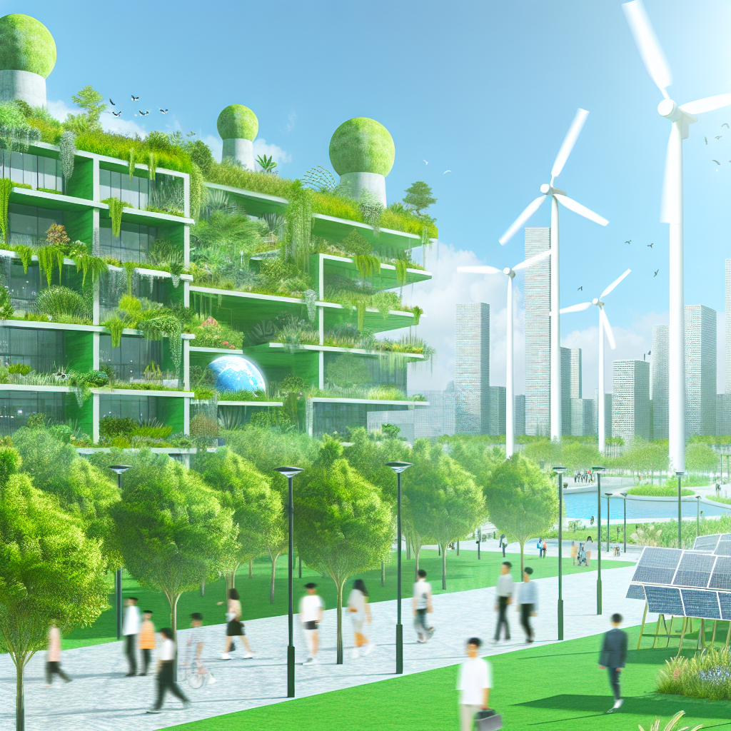 Grüne Stadtlandschaft mit nachhaltigen Gebäuden und Technologien.