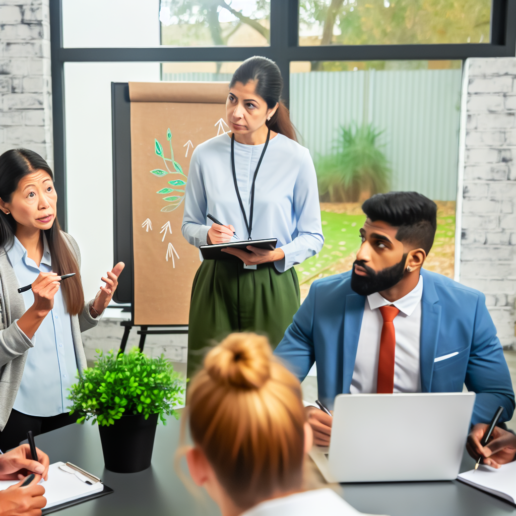 Grünes Büroteam bespricht nachhaltige Arbeitspraktiken.