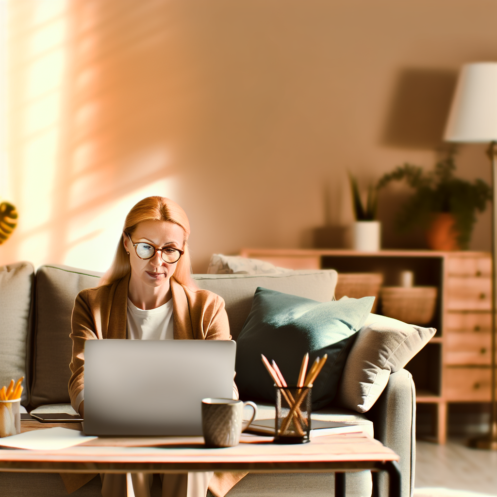 Homeoffice-Arbeitnehmer vor Laptop in Wohnzimmer.