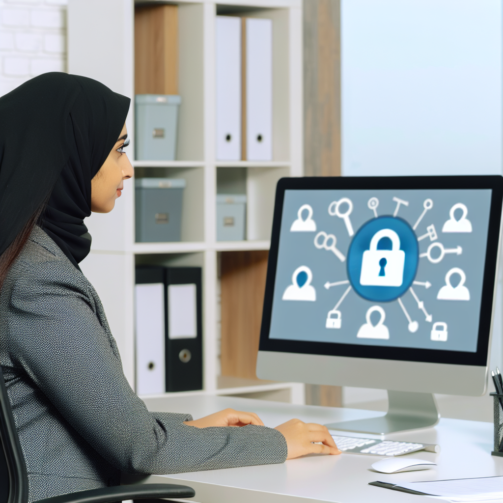 HR-Manager vor Bildschirm mit Datenschutzsymbole.