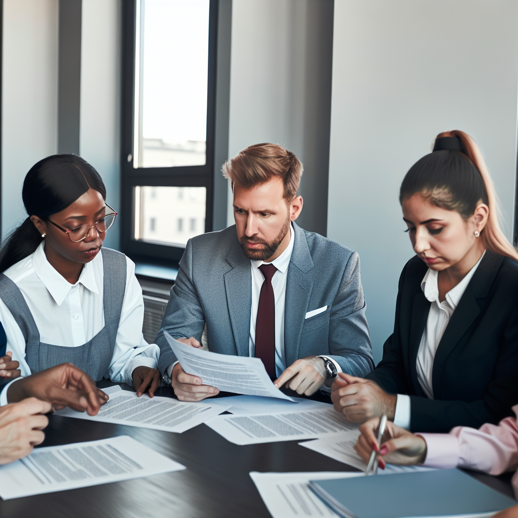 HR-Verantwortliche diskutieren komplexe Arbeitsrechtsdokumente gemeinsam.