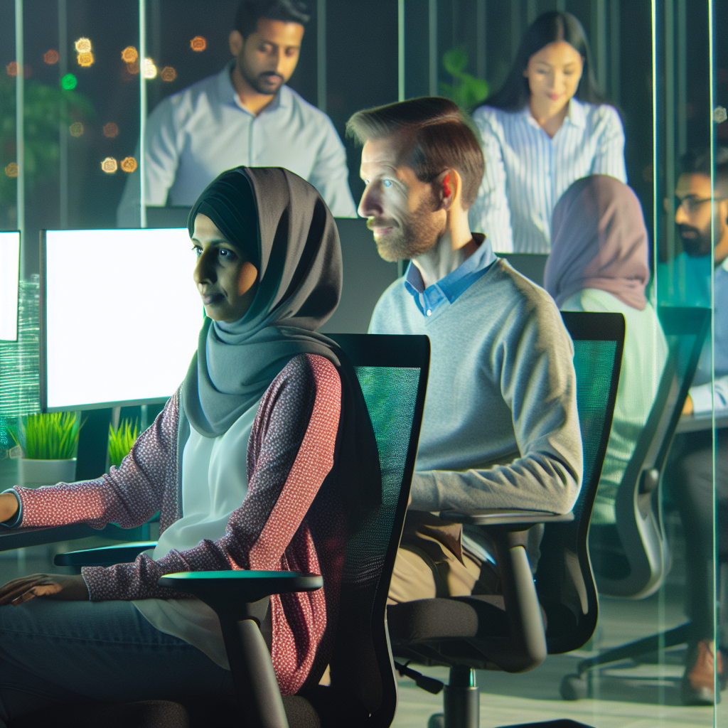Menschen vor Computerbildschirmen in digitalem Büro.