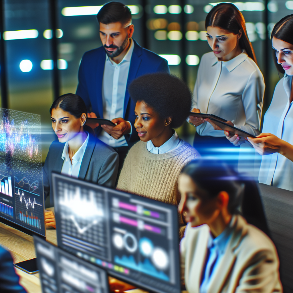 Mitarbeiter analysieren Daten auf digitalen Bildschirmen.