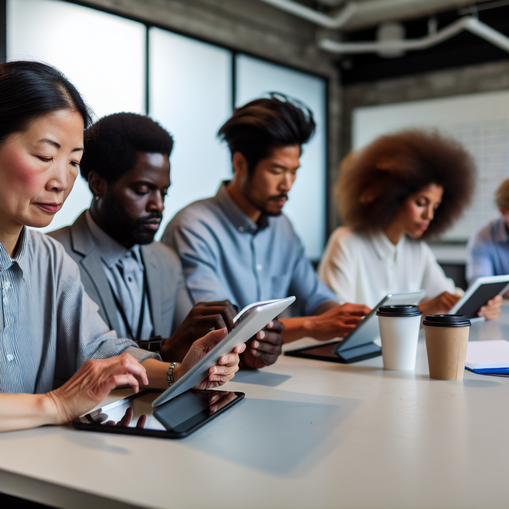 Mitarbeiter nutzen Tablet für digitales Lernen.